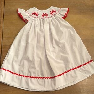 White Dress with Red Embroidery Louisiana Crab Summer Seafood EUC 12 mon…
